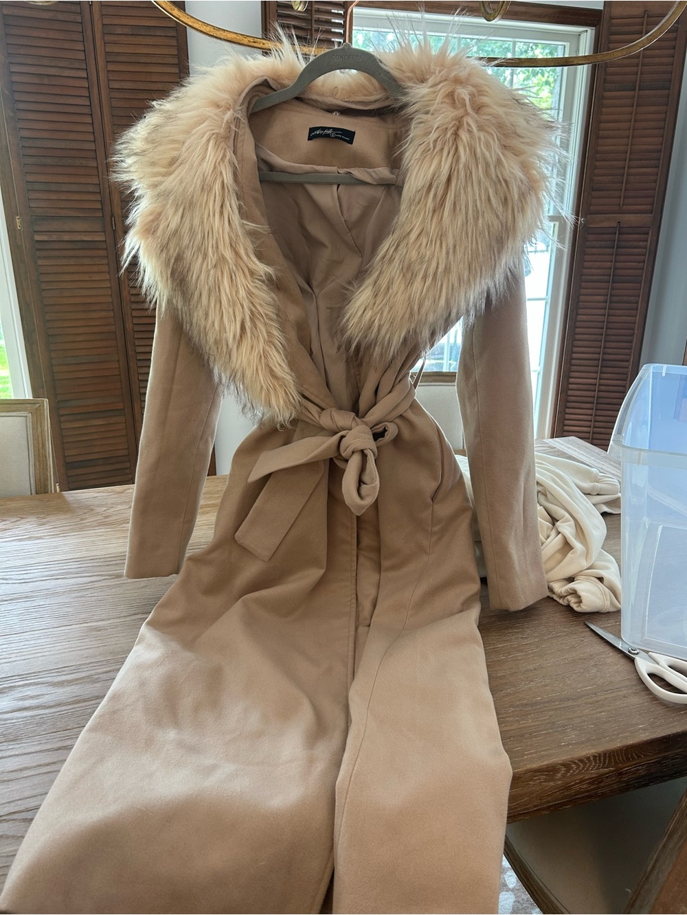 Vici Camel Trench Coat with Plush Faux Fur Collar